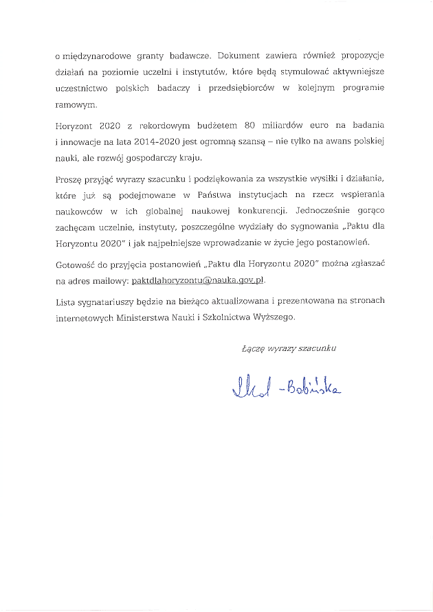 List Minister Leny Kolarskiej-Bobinskiej Pakt dla Horyzontu 2020